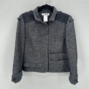 Vinatge Chloe Black Tweed Wool Cropped Military Blazer Size Fr 42 US 10 Academia